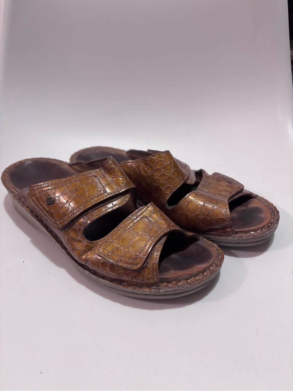 Finn Brown Croc-Embossed Double Strap Slide Sandals